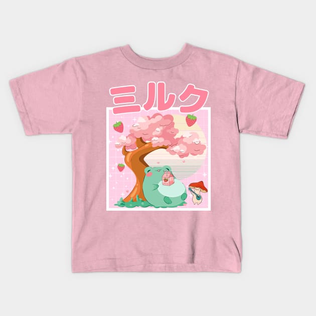 Strawberry Milk Kawaii Frog and Mushroom Kids T-Shirt by Sugoi Otaku Gifts